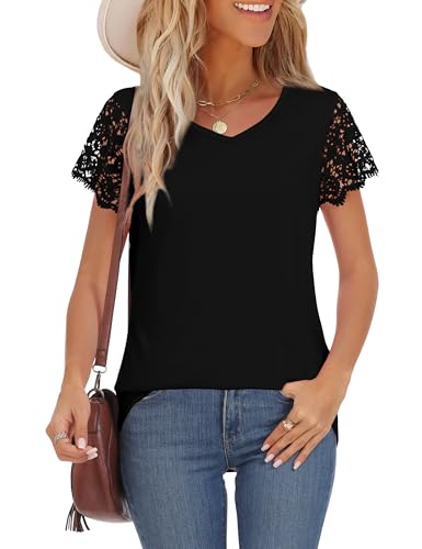 Desol Womens Summer Lace Tops Trendy 2025 Short Sleeve Tshirts Shirts Business Casual V Neck Blouses Summer Clothes3