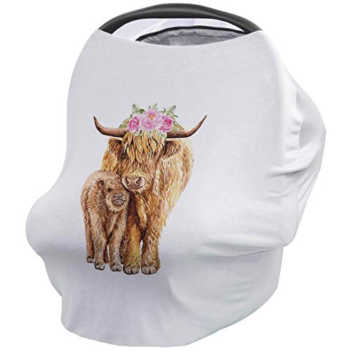 Image of Lovely Highland Cow with Baby Baby Nursing Cover for Breastfeeding, Mother's Day Breathable Stretchy Nursing Scarf Carseat Canopy for Boys or Girls Stroller Car Seat Covers Animal and Flowers