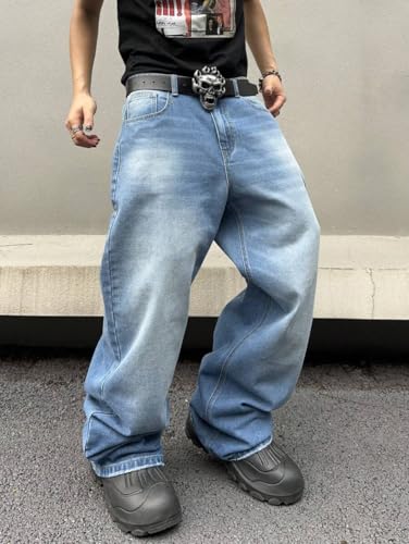 Image of HUNGSON Mens Baggy Jeans for Men Women Y2k Skater Vintage Plain Pants Casual Wide Leg Jeans Loose Fit Denim Jeans