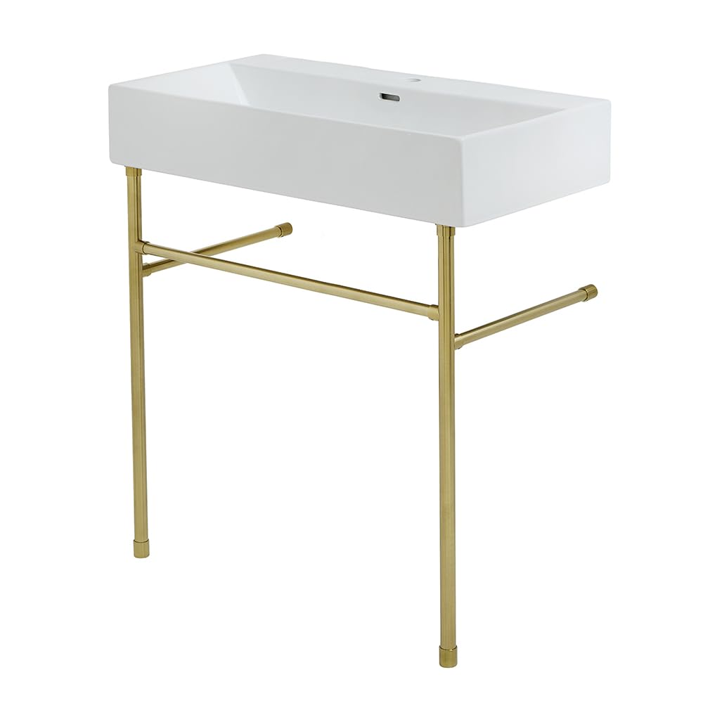 Milano Brushed Brass Elswick White Ceramic 1 Tap Hole Bathroom Basin Sink Brass Washstand - 1000Mm X 420Mm