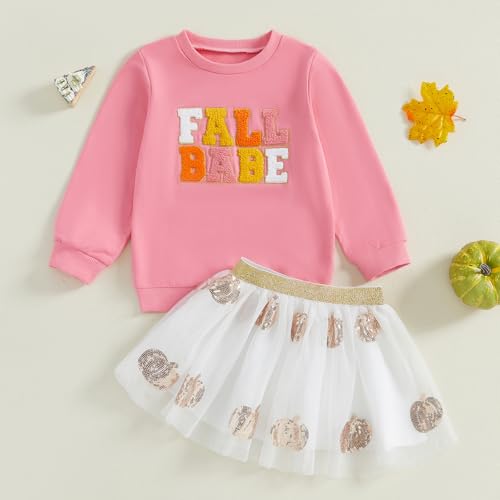 KMBANGI Kids Toddler Baby Girl Thanksgiving Outfits Fall Babe Embroidery Sweatshirt Pumpkin Tulle Dress Tutu Skirt Set Fall2