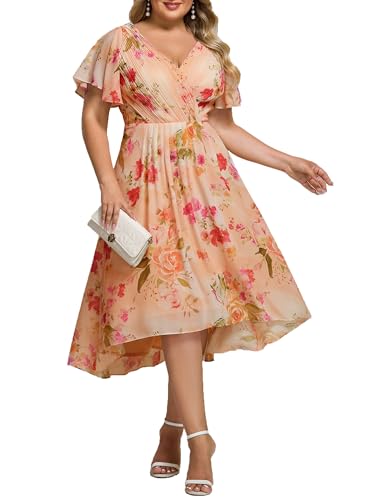 Image of Ever-Pretty Plus Summer Short Sleeves V-Neck Formal Wedding Guest Dresses for Curvy Women Chiffon Midi Cocktail Party Dress