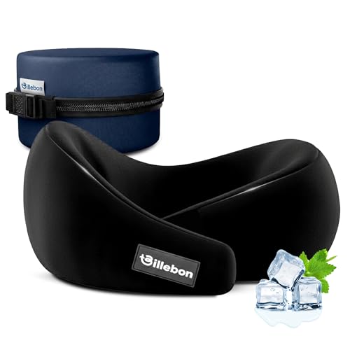 Image of Billebon Gel Infused Memory Foam Neck Pillow with Case, Travel Pillow with Adjustable Velcro Straps, Neck Pillow for Travelling & Flight Travel, Ergonomic Support for Comfort & Pain Relief (Black)