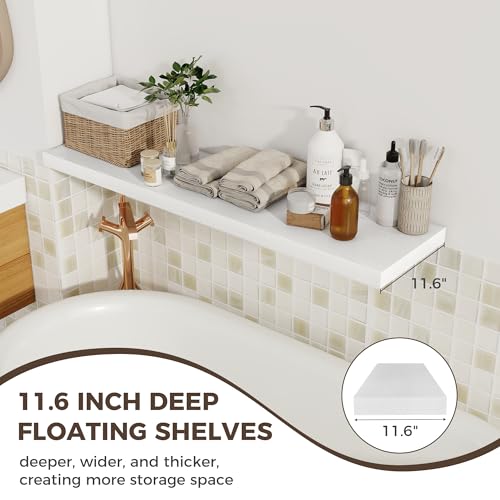 Fun Memories 12 Deep Floating Shelves for Wall, 48W x 12D Extra Large Floating Shelves Set of 2, Hanging Wood Wall Shelves for Living Room, Kitchen, Bedroom, Farmhouse, Laundry Room, Office - White by Fun Memories - Used condition - Image 3