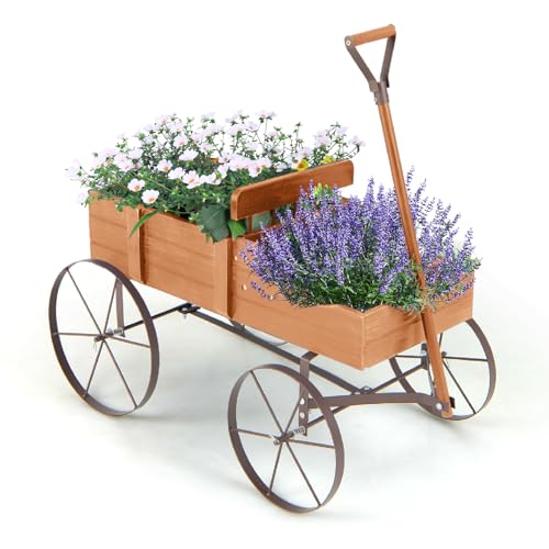 Image of GiantexUK Wooden Wagon Garden Planter, Flower Cart with Long Handle and Flexible Wheels, Outdoor & Indoor Decorative Wheelbarrow Flower Pot Stand (Orange)