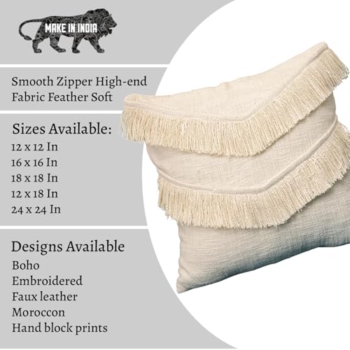 Image of Cotton Cushion Covers 18 inch x 18 inch | Boho Shaggy Square Decorative Cushion Cover for Bedroom | Hand Made Boho Throw Pillow Cover for Sofa (Set of 1, 18 * 18)