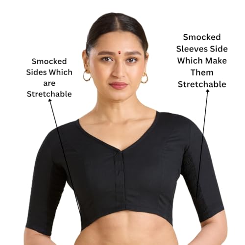 Image of Studio Shringaar Women's Thick Handloom Cotton Plain Side Stretch (Smocked) Readymade Saree Blouse