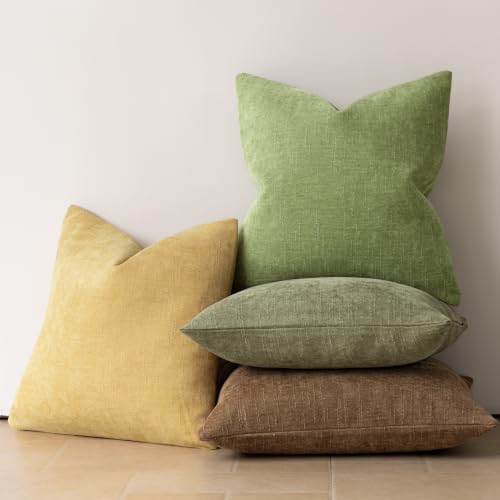 Image of Foindtower Pack of 2 Soft Textured Chenille Throw Decorative Pillow Covers Square Accent Solid Cushion Cover Neutral Farmhouse Pillow Case for Couch Sofa Bedroom Living Room 20x20 Inch,Lush Green