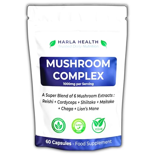 Mushroom Complex – High Strength 6 Mushroom Blend with Lion’s Mane, Reishi, Cordyceps, Chaga, Shiitake & Maitake – Brain, Focus, Immune & Energy Support – 60 Vegan Capsules
