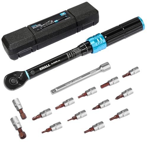 Shall - Juego de 15 llaves dinamométricas de 1/4 pulgadas, (5-25 Nm) de doble dirección ajustable de 72 dientes para mantenimiento de bicicletas y motocicletas, con poste de extensión y caja