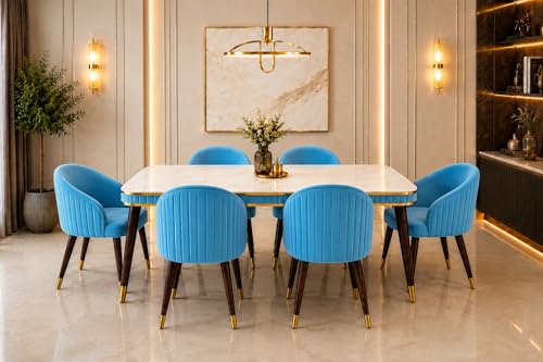 Image of WOODEN SPACE 6-Seater Wooden Dining Table Set | Nano Composite Marble Top | Solid Wood Base | Modern Dining Room Furniture with 6 Chairs (Sky Blue)
