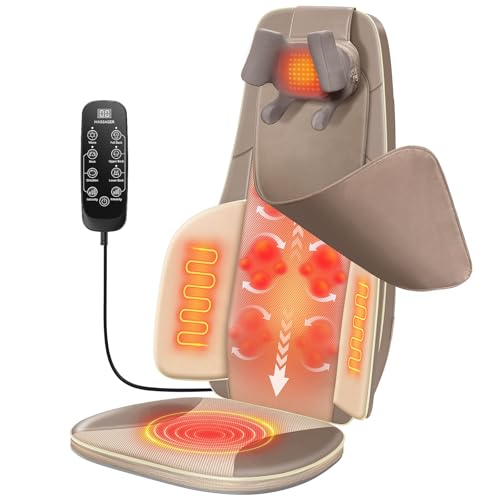 Flekzo Shiatsu Back Massager for Chair with Heat – 4D Deep Kneading Massage Seat Pad for Back and Neck, Rolling Massage, Adjustable Intensity & Height, Helps Relieve Muscle Soreness, Brown