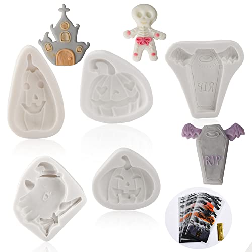 11Pcs Halloween Silicone Molds, Halloween Chocolate Candy Mold, Silicone Fondant Molds For Diy Chocolate, Cake, Pudding, Ice Cream, Epoxy Resin Mould (Pumpkin Owl Ghost Castle With 11 Candy Bags) #TOP7
