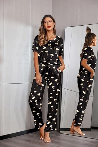 Image of Ekouaer Womens Satin Silky Pajama Set Short Sleeve Shirt with Long Pajama Pant Set Soft PJ Loungewear