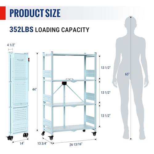 Image of WORKPRO 4-Tier Folding Shelf, No-Assembly Metal Storage Rack with Wheels, 600 lbs Capacity (with Leveling Feet), Collapsible Shelving Unit for Kitchen, Pantry, Closet & Craft Shows - Blue