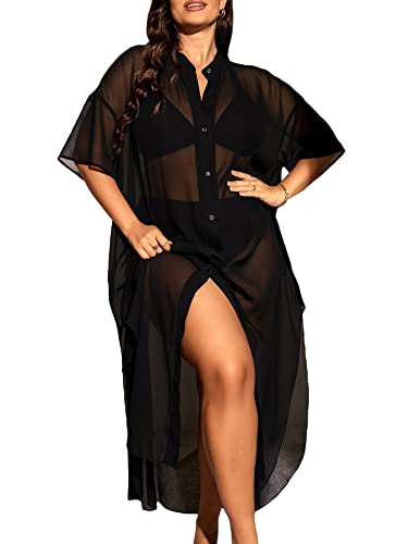Verdusa Women's Plus Size Sheer Mesh Half Sleeve Loose Swimsuit Maxi Dress Cover Up