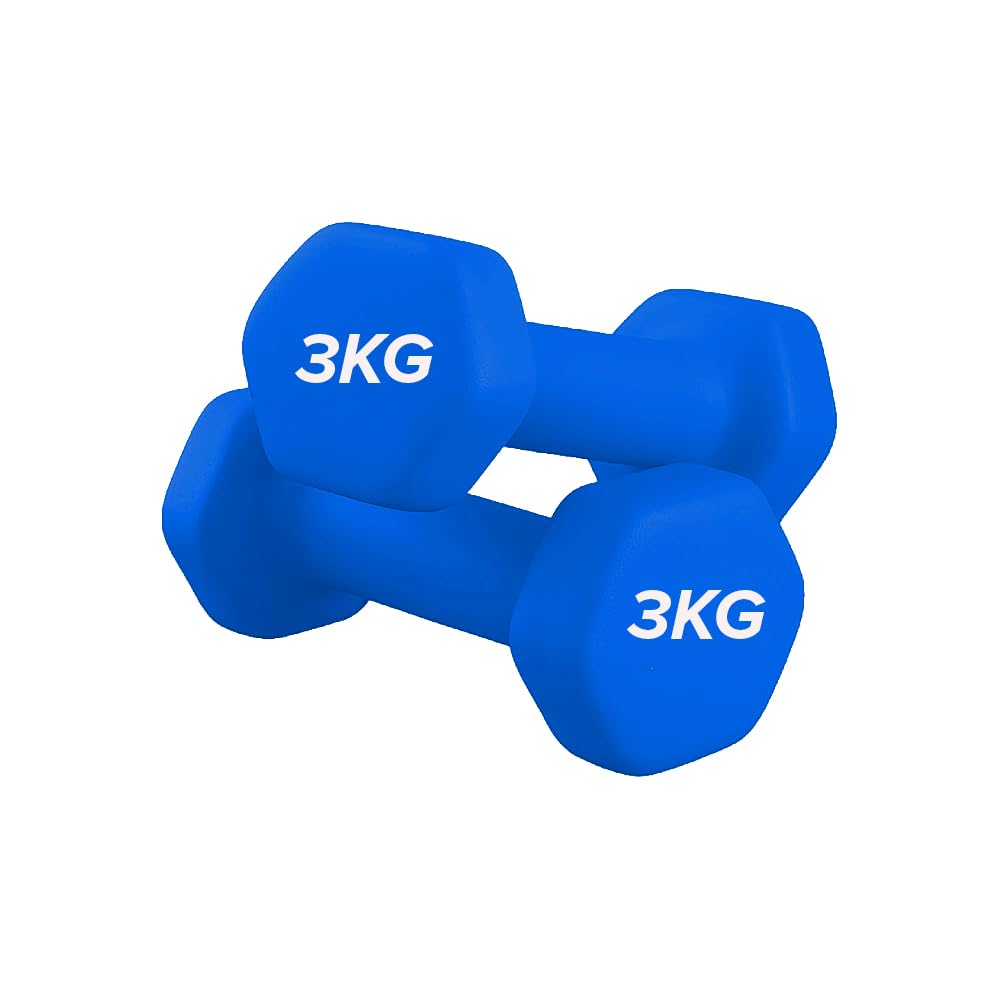 Neoprene Dumbbells Pair for Women Home Gym, Hex No-Roll Design, Non-Slip Grip, Colour Coded Weights Set, 0.5kg to 10kg (3kg-Pair-Blue)