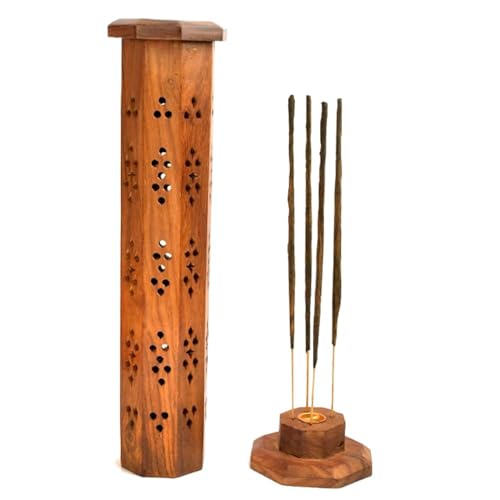Image of Wooden Tower Agarbatti and Dhoop Holder Premium Incense Stick Stand with Ash Catcher for Pooja Room Decoration - Puja Items for Home Mandir & Agarbatti Stand Holder with Storage Box