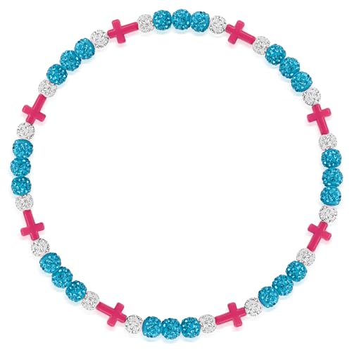 Beaded Baseball Necklace | Adjustable Sports Rope Chain with Baseball Cross Charm - Great Baseball Drip Gift for Players and Fans (Lt-Blue White Pink 18 inch)