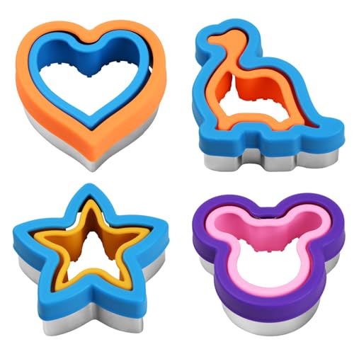 4 Juego de Cortadores de Sándwich para Niños,Cortador de Sándwich y Sellador,Moldes Para Sandwiches Niños,Cortador de Galletas Sándwich,Dinosaurio Corazón Estrella Mickey