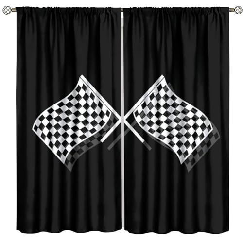Image of FAOTELY Racing Car Curtains for Boys Flags Extreme Sports Themed Grid Black White Check Pattern 3D Blackout Window Drapes for Bedroom Living Room Kitchen Cafe Decor （W21xL45 Inch） x2 Decor