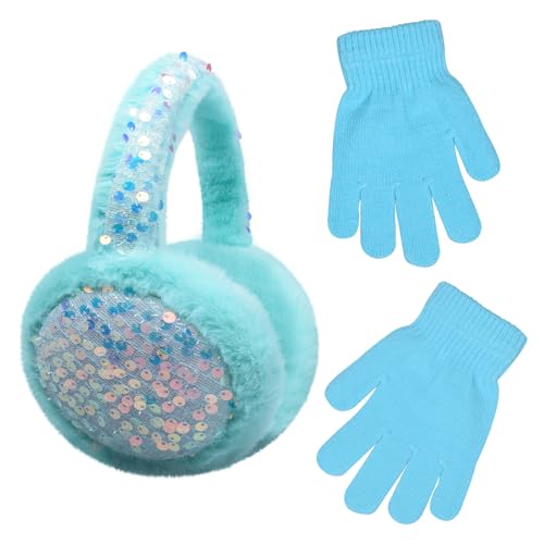 Ear Muffs Gloves Set for Kids Girls Adjustable Winter Sequin Faux Fur Windproof Warm Ear Warmer Outdoor
