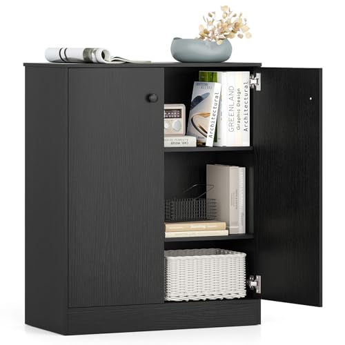 Giantex 2 Door Storage Base Cabinet - Freestanding Floor Cabinet with 3-Tier Shelf, Non-Slip Foot Pads, Kitchen Cupboard Storage Organizer for Living Room, Hallway, Entryway, Office (Black)