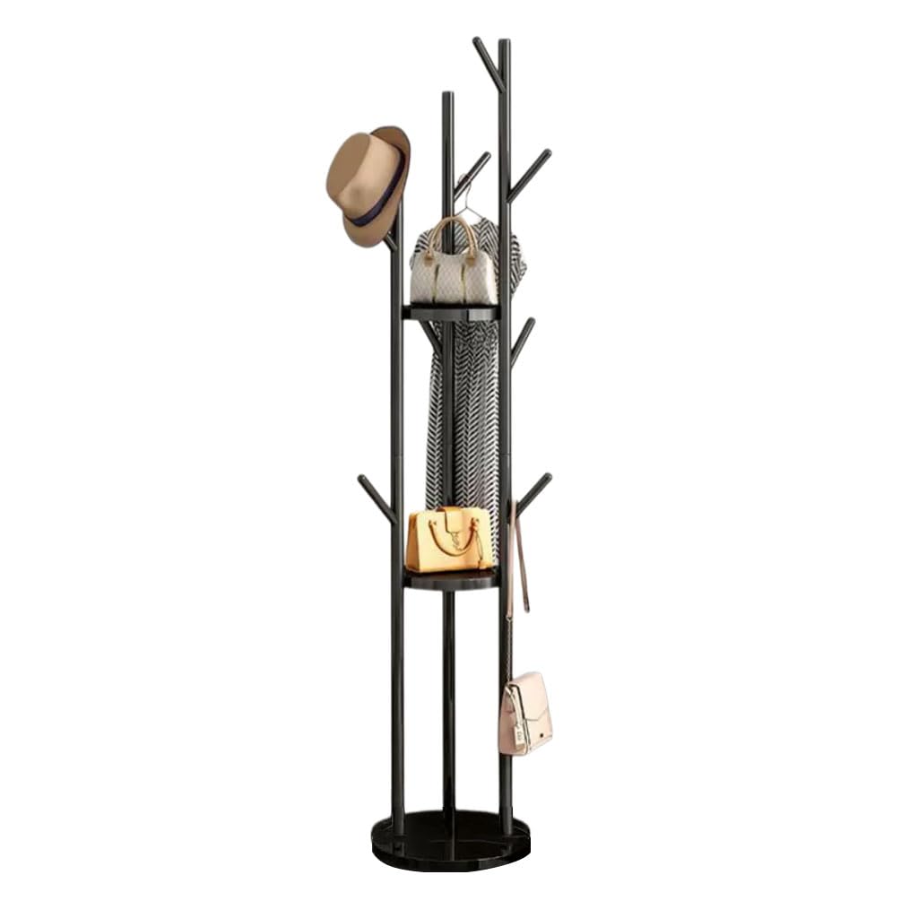 HRGKLMN Freestanding Coat Stand with Shelves, Modern Coat Rack Metal Three-Legged with Multiple Hooks, Sturdy Coat Hanger Stand for Hallway Bedroom Entrance Area,Schwarz