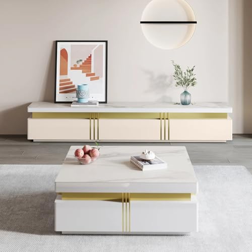 Image of Luxury Joyce Modern TV Unit /Console - 70 inch Naino Compsit Marble Top, 3 Drawer Storage - White & Gold Finish - Scratch Resistant, Waterproof Plywood - Living Room Media Cabinet (Ivory)