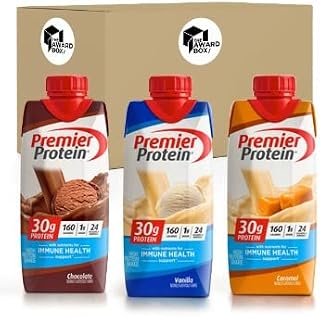 Premier Protein High Protein Shake Variety Pack Sampler, 11 Fl Oz Each, Chocolate, Vanilla, Caramel, 4 of Each Flavor (12 Pack) in The Award Box Packaging