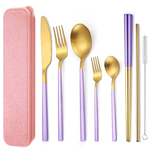 AARainbow 8 Pieces Stainless Steel Flatware Set Portable Reusable Cutlery Set Travel Utensils Set Including Chopsticks Knife Fork Spoon Straws Cleaning Brush Dishwasher Safe (B-Purple Golden)
