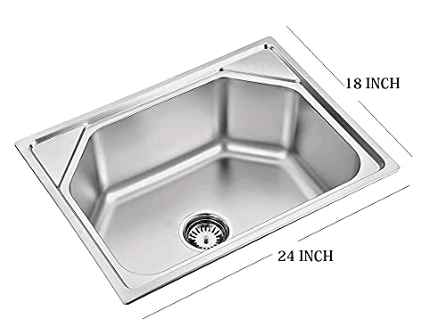 Image of HAPPY HOMES 304 Stainless Steel Kitchen Sink 24 x 18 x10 Fully Matte Finish Single Bowl Kitchen Sink |Square Coupling|