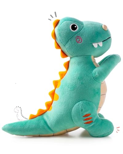 Image of Cute Sea Green Dinosaur Plush Toy (35cm) - Ultra Soft T-Rex Stuffed Animal with Orange Crest Details for Kids, Toddlers & Gift Giving