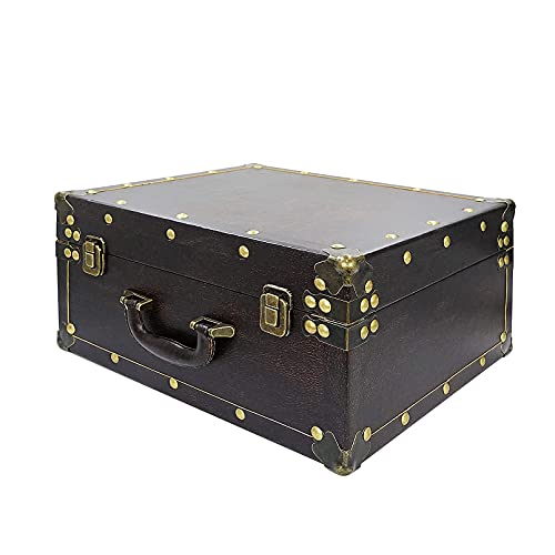 Dreamseden Large Wooden Decorative Storage Trunk - Wood Leather Treasure Chest Box Vintage Suitcase, 13.8" X 11.8" X 6.9" #TOP2