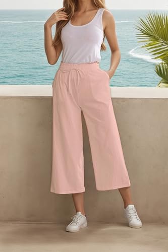 Image of LNX Womens Linen Capri Pants Wide Leg High Waisted Drawstring Casual Cropped Pants with Pockets