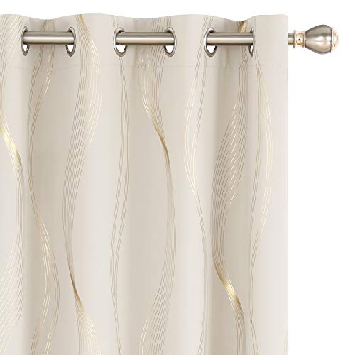 Deconovo Blackout Eyelet Curtains Thermal Insulated Gold Wave Line Foil Printed Curtains for Bedroom 46x54 Inch Beige 2 Panels