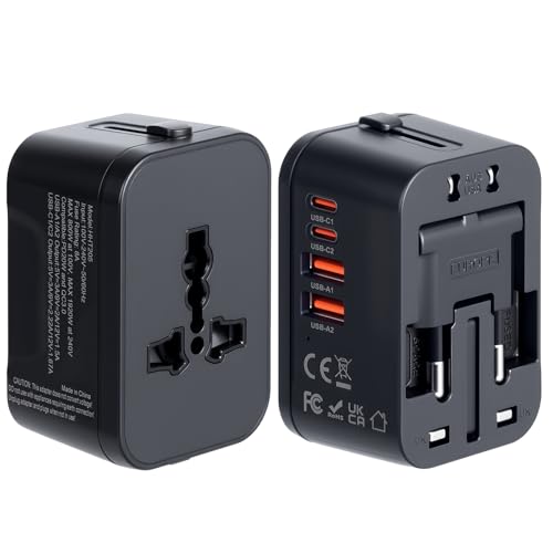 Universal Travel Adapter Fast Charger, Worldwide Plug Adapter 2 USB C PD3.0 & 2 USB-A Quick Charge, All in One International Power Adaptor GaN Smart Wall Charger 4 Ports for Phone Laptop USA EU UK AUS