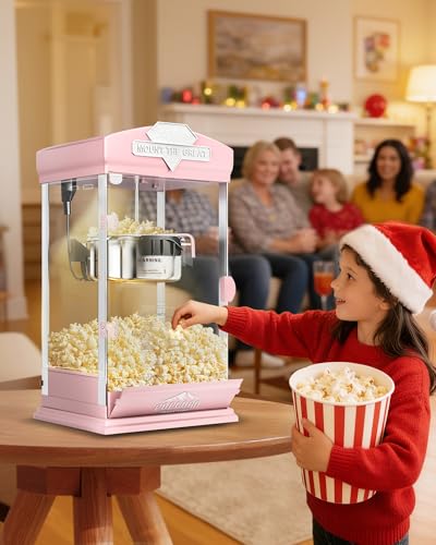 Image of 8 Oz Popcorn Machine, Tabletop Popcorn Maker, Countertop Pop Corn Machine Makes Up to 32 Cups, Movie Theater Popcorn Popper Machine with Stainless-Steel Kettle for Home Family, Pink