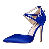 ERIJUNOR E2264 Women High Heel Ankle Strap Satin Dress Pumps Evening Prom Wedding Shoes Blue 7