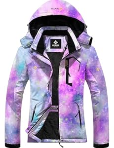 GEMYSE Damen Skijacke Wasserdicht Fleece Winterjacke Winddicht Schneejacke mit Kapuze für Outdoor Aktivitäten und Sport(Violett-Rosa,2XL)