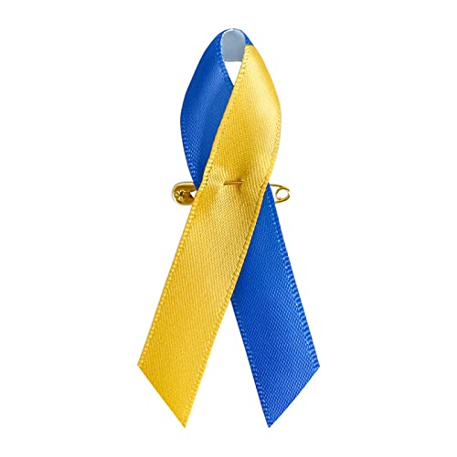 Image of 200 Pieces Satin Down Syndrome Awareness Ribbon with Safety Pins Blue & Yellow Ribbons 1.4 x 3 inch