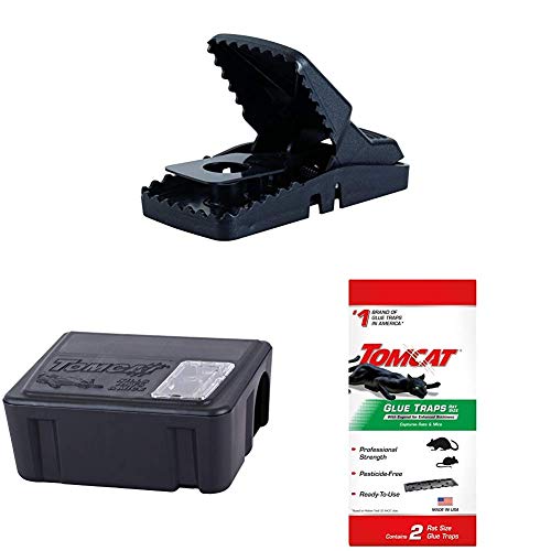 TomcatÂ Rat Snap Trap with Tier 1 Refillable Rat & Mouse Bait Station (1 Station + 15 bait refills) and 2 Rat Glue Traps