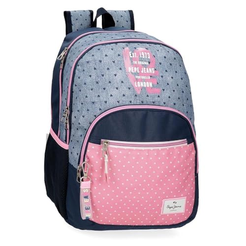 Pepe Joumma Bags - Zaino da scuola e in spallacci regolabili per un comodo trasporto vari scomparti con portachiavi pompon multicolore 46 jeans rosa poliestere blu