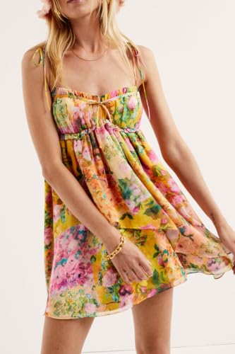 Boho Floral Mini Dress Women Flowy Babydoll Short Dress Teen Girls Cute Y2k Yellow Flower Summer Dresses3