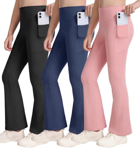 Image of Orrfreer 3 Pack Leggings for Girls Flared Leggings with Pockets High Waisted School Trousers Bell Bottom Dance Yoga Pants for Kids Ages 6-16 Black/Navy Blue/Pink XXL