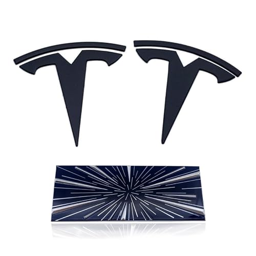 Image of Tesla Model Y Emblem Bundle Front Rear T Logo Badge Matte Black Glossy Black OEM Performance Ludicrous Set Metal Decal Sticker with 3m Adhesive