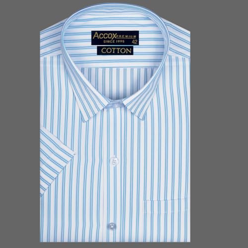 Image of ACCOX Premium Breathable Cotton Half Sleeves Striped Checkered Blue White Formal Regular Fit Shirt for Men (S GCR05)