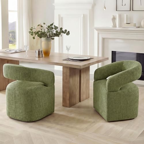 Image of KISLOT Upholstered Dining Chairs Set of 2, Modern Arm Kitchen & Dining Room Chairs with Hidden Casters, Linen Fabric Padded Rolling Chairs, Sturdy Wood Frame, 300 lbs Capacity, Moss Green