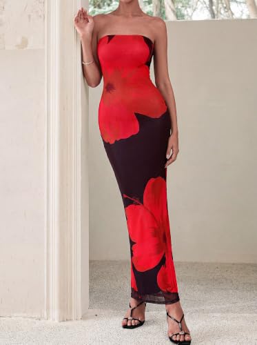 Image of PRETTYGARDEN Women Summer Strapless Maxi Dress Bodycon Floral Sexy Long Wedding Guest Dress Formal Tube Mesh Cocktail Dresses