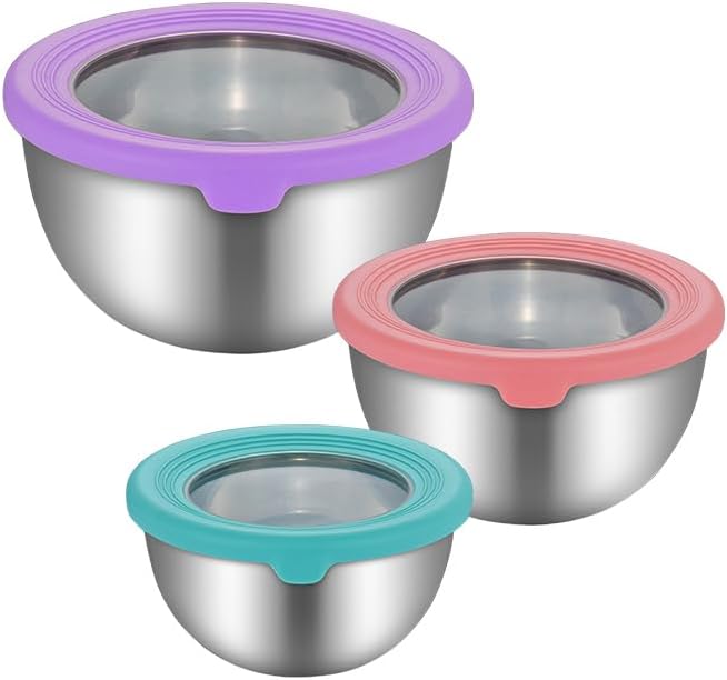 Juego de cuencos para mezclar con tapas, 3 piezas de acero inoxidable, juego de cuencos de metal para cocinar, hornear, preparar y almacenar